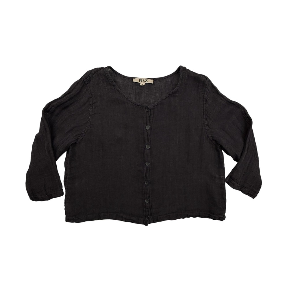 FLAX Button Up Top Womens Medium Black Linen Lightweight Breathable Lagenlook